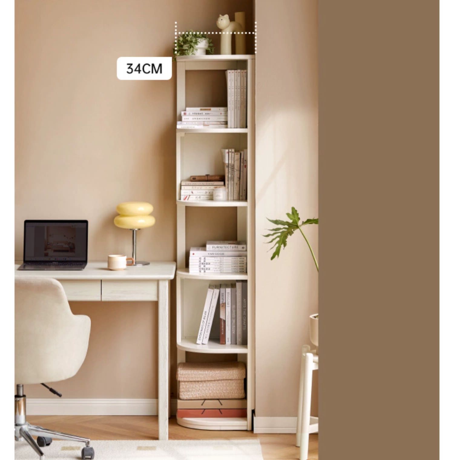 Tulipwood Solid Wood Corner Bookshelf, Floor-standing Storage Rack Cream Style