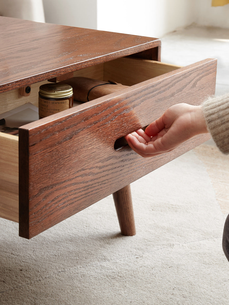 Oak, Solid Rubberwood Two-Drawer Coffee Table Walnut Color
