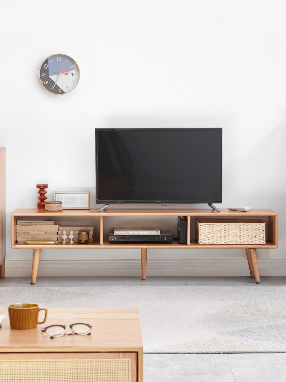 Beech Solid Wood TV Cabinet Open Storage.