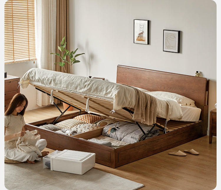Oak, Rubberwood Solid Wood, Multifunctional Storage Box Bed