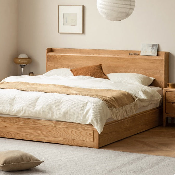 Oak Solid Wood Drawer Storage Bed with Sockets Box Bed
