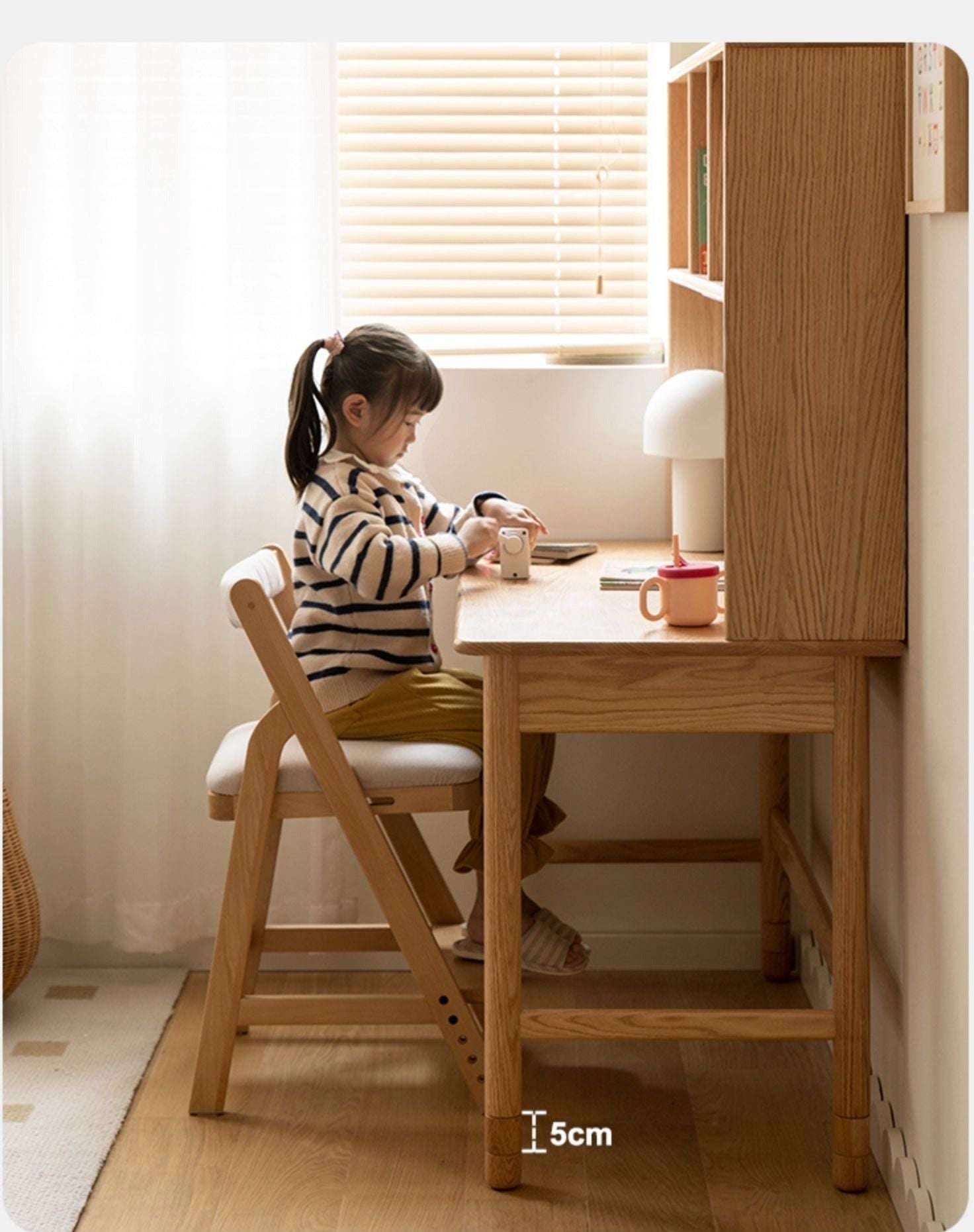 Oak Solid Wood Kids Lifting Study Desk Bookshelf