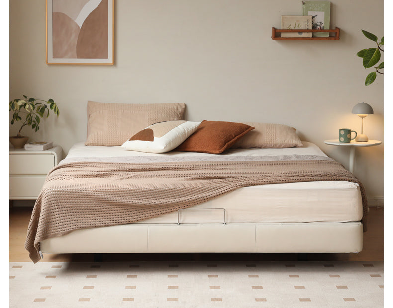 Leather platform bed, headboard-free floating bed cream style