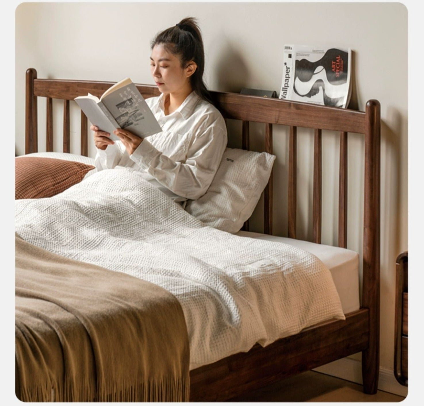 Black Walnut, Poplar Solid Wood Bed in Modern Casual Scandinavian Style