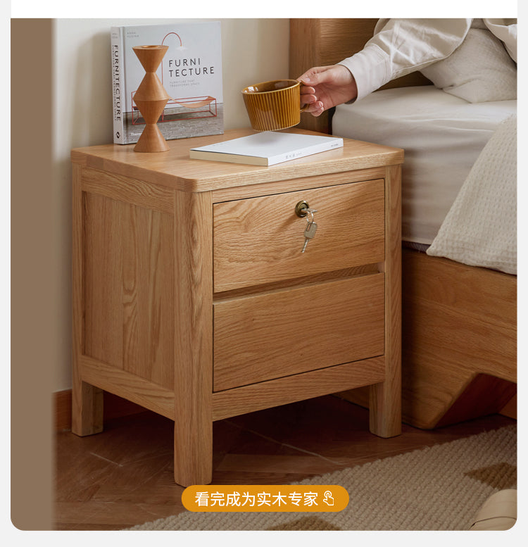 Oak Solid Wood, Solid Rubberwood Nightstand with Locker.