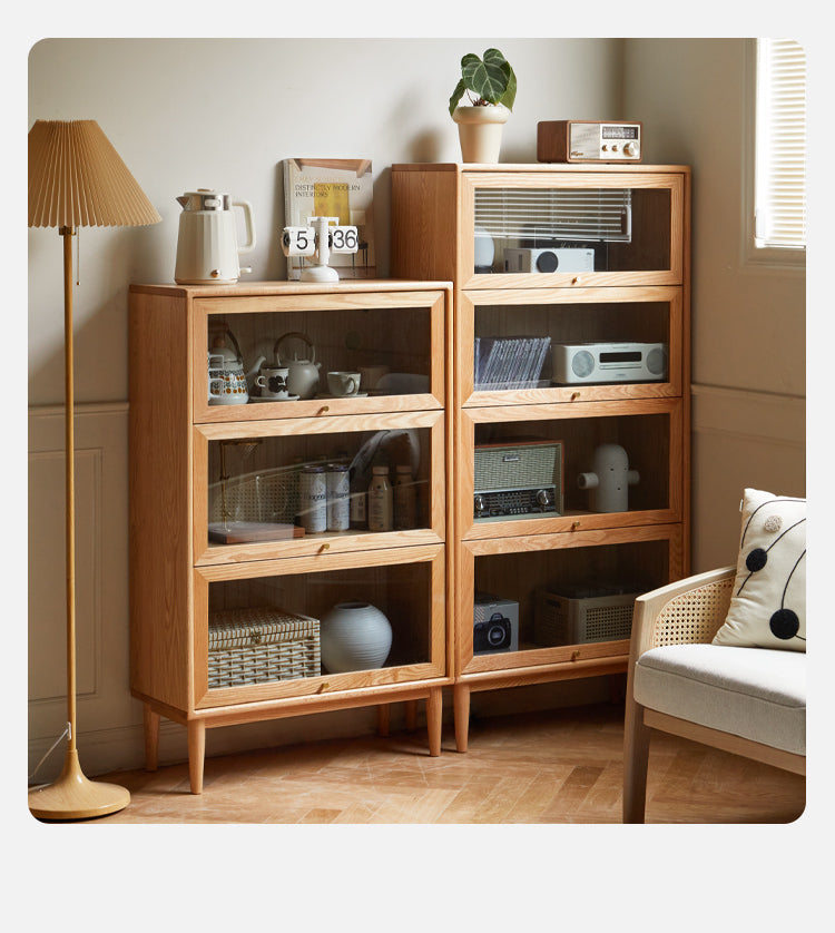 Solid Rubberwood, Oak Solid Wood Multi layer Flip Door Glass Bookcase