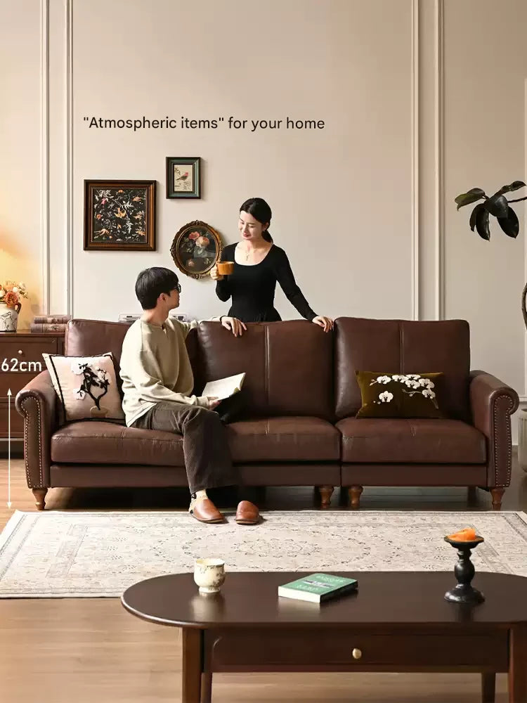 Genuine Leather American Retro High Back Sofa