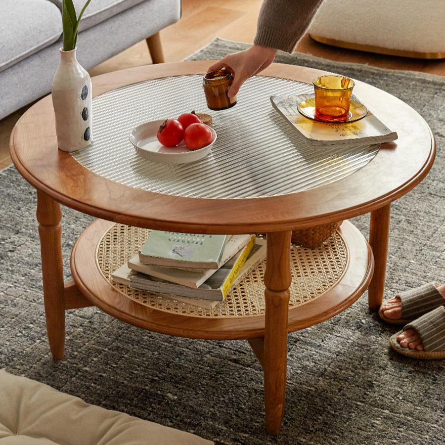 Cherry Wood Solid Wood Glass Round Coffee Table
