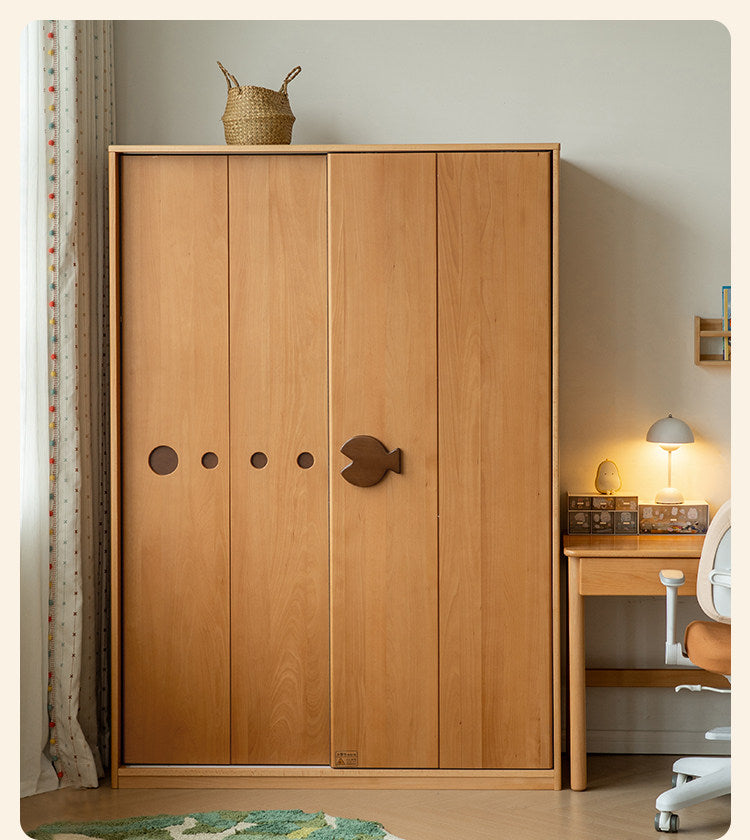 Beech Solid Wood Kids Sliding Door Wardrobe with Adjustable Shelves