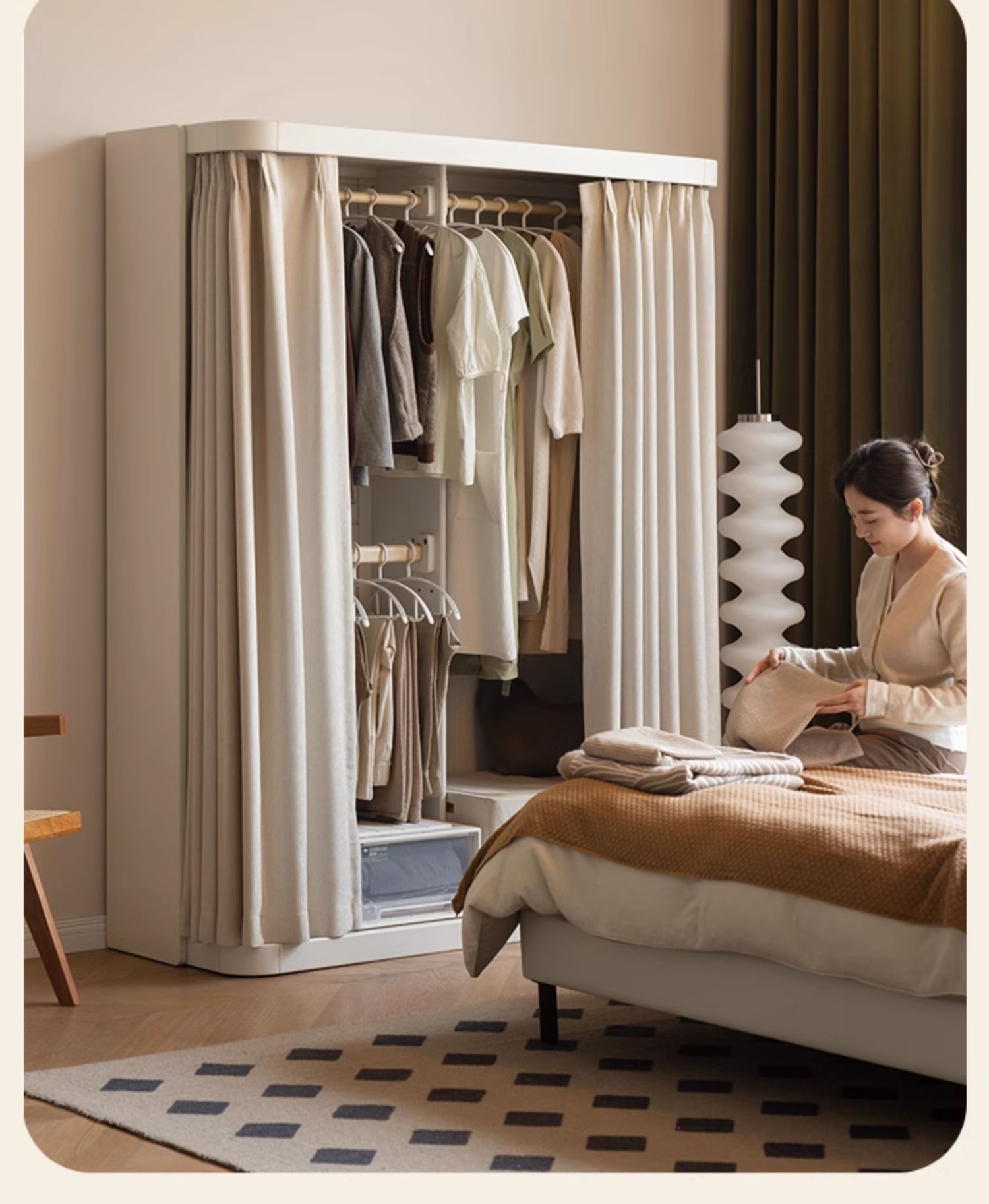 Poplar Solid Wood White Cream Walk-in Curtain Wardrobe.