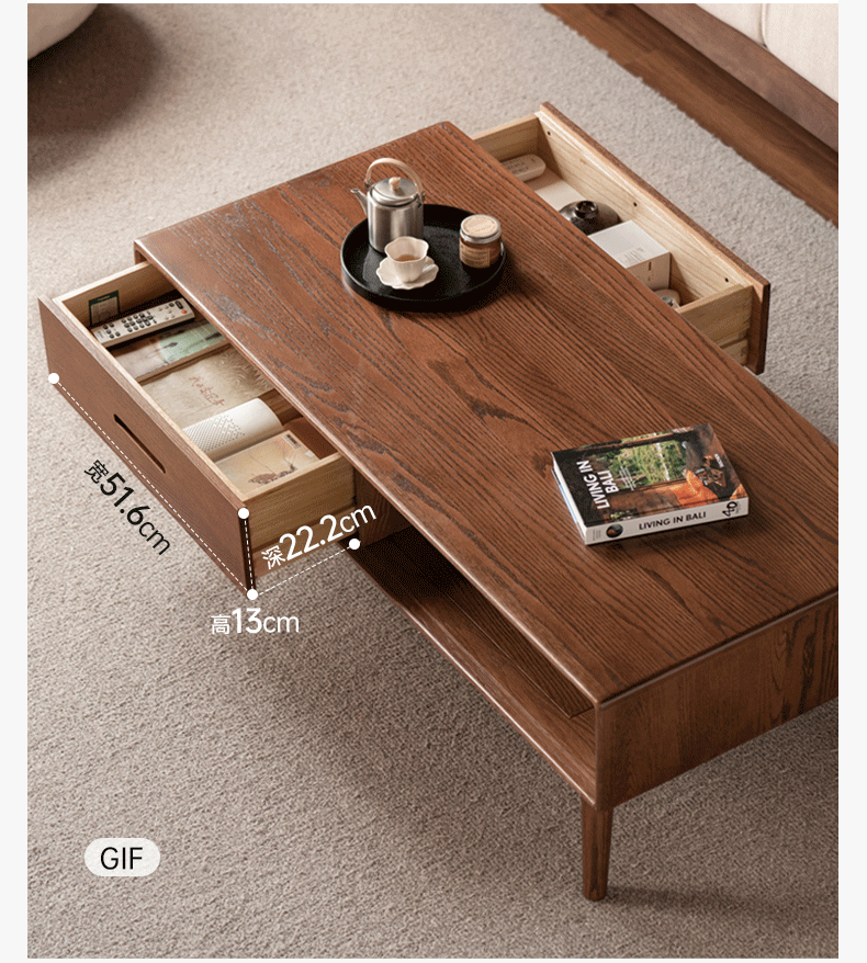 Oak, Solid Rubberwood Two-Drawer Coffee Table Walnut Color