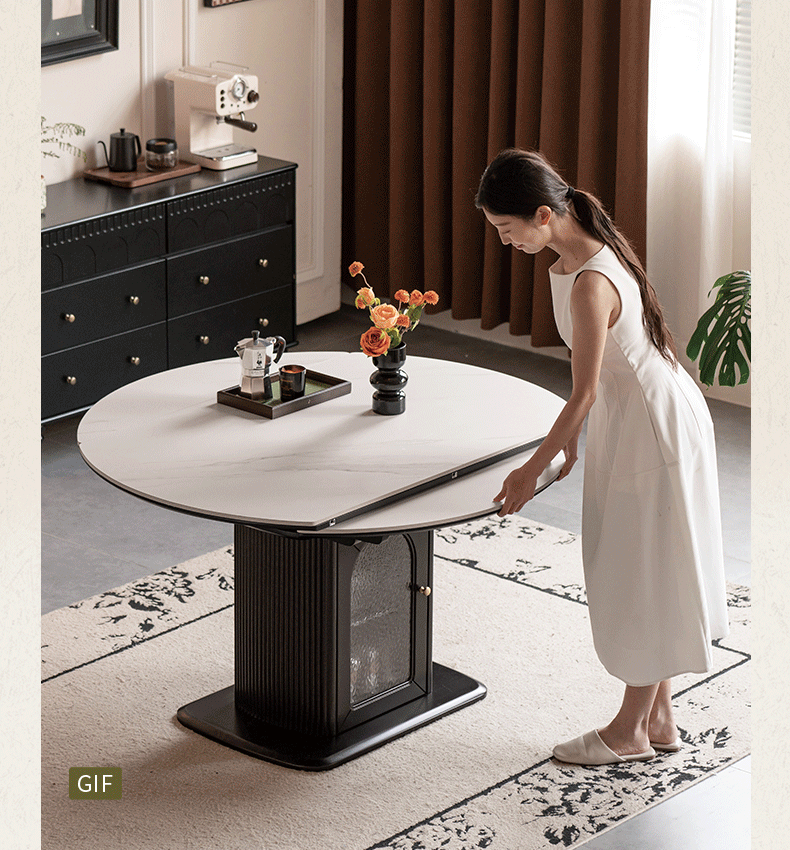Rubberwood Solid Round Extendable Pedestal Dining Table with Stone Top and Storage Base