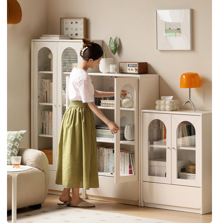 Solid RubberWood Bookcase With Door French Cream Style
