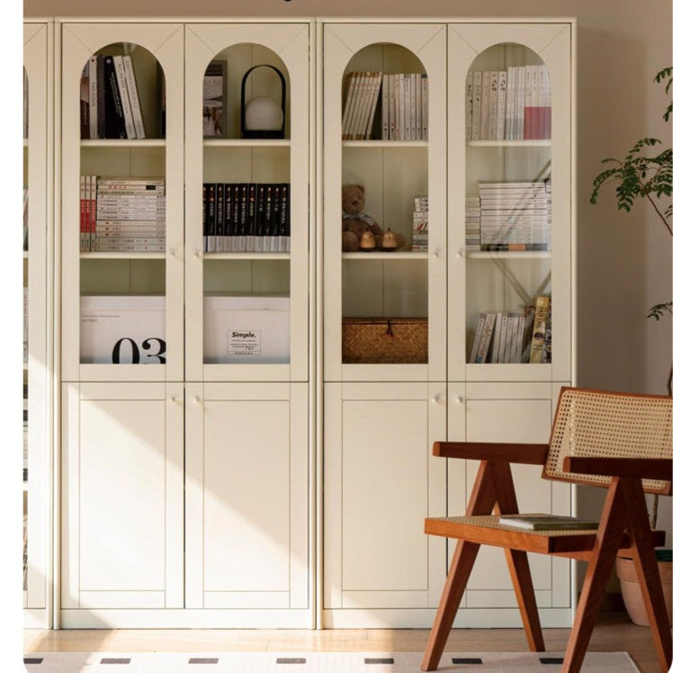 Poplar Solid Wood Bookcase White With Glass Door Whole Wall Combination French Cream Style