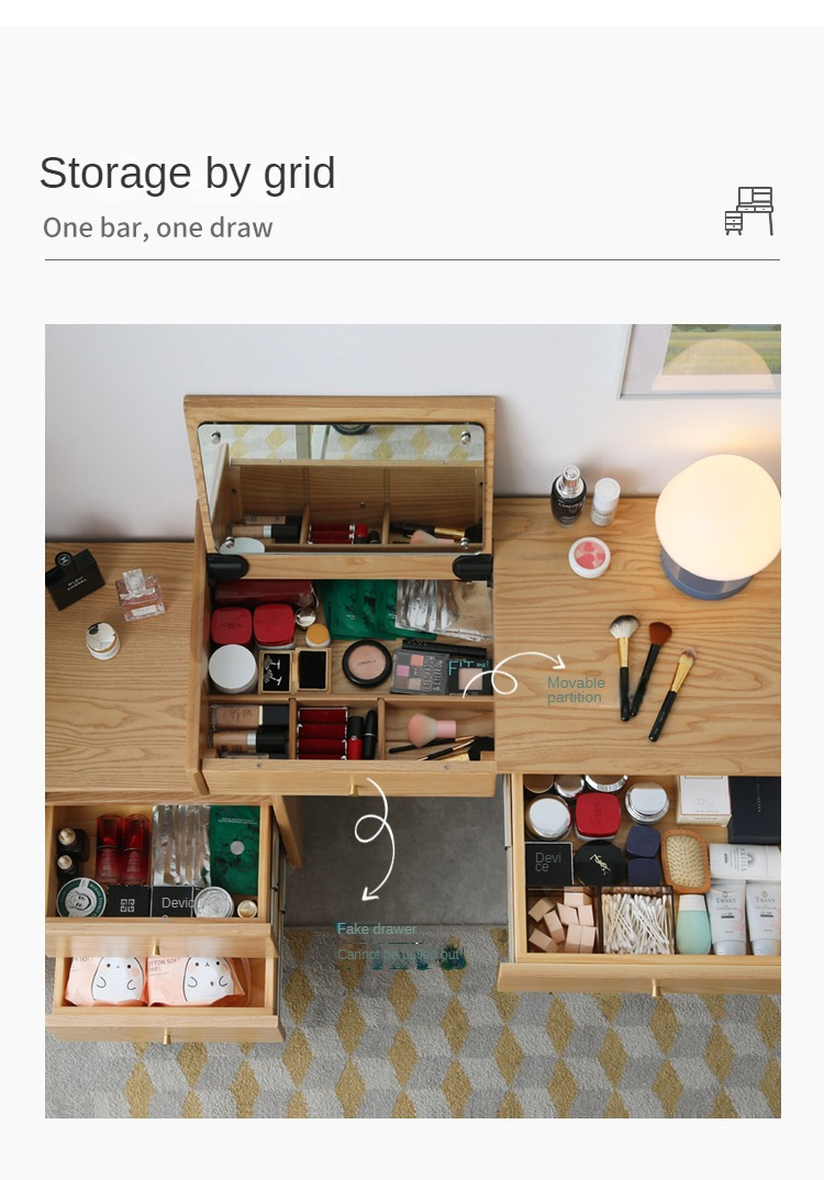 Ash Solid Wood Vanity Table with Mirror Shelf & Flip Cover.
