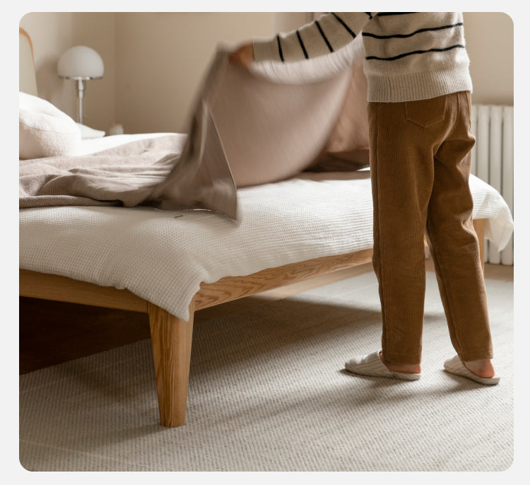 Oak Solid Wood Bed Modern Genuine Leather,Technology Cloth, Fabric
