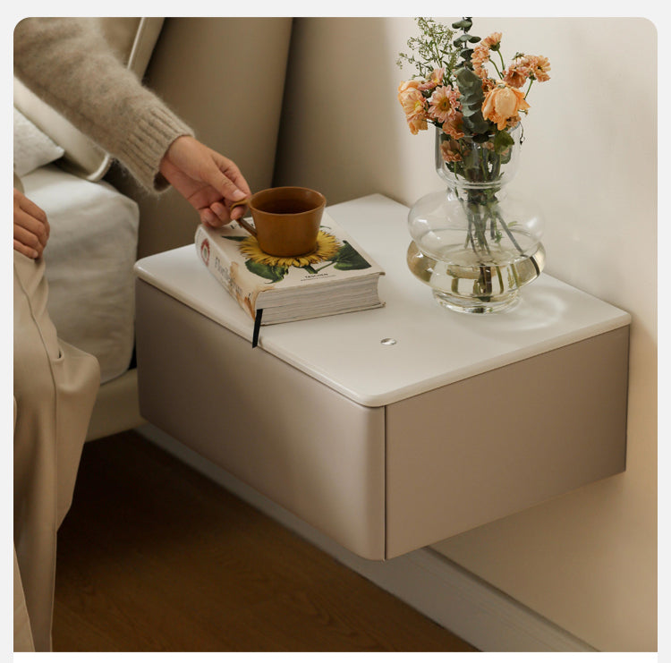 Organic Leather Wall Mounted Cream Rock Board Floating Nightstand:
