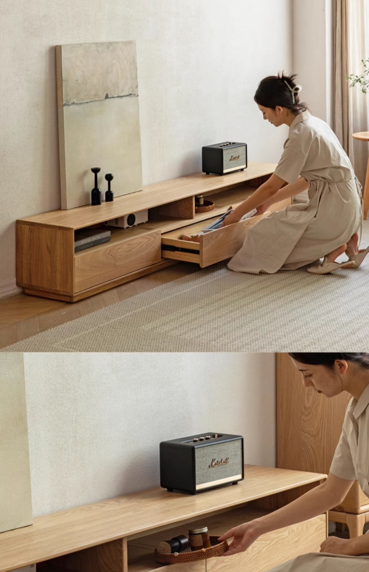 Ash Solid Wood Floor TV Storage Cabinet.