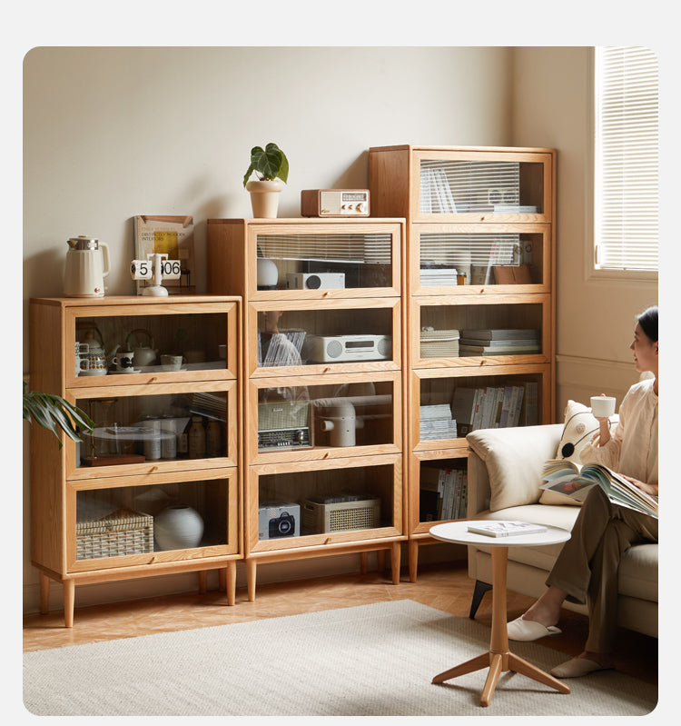 Solid Rubberwood, Oak Solid Wood Multi layer Flip Door Glass Bookcase
