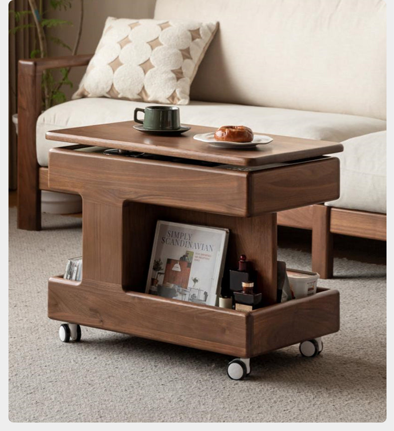 Black Walnut, Teak Solid Wood Raised and Lowered Rotating Coffee Table.