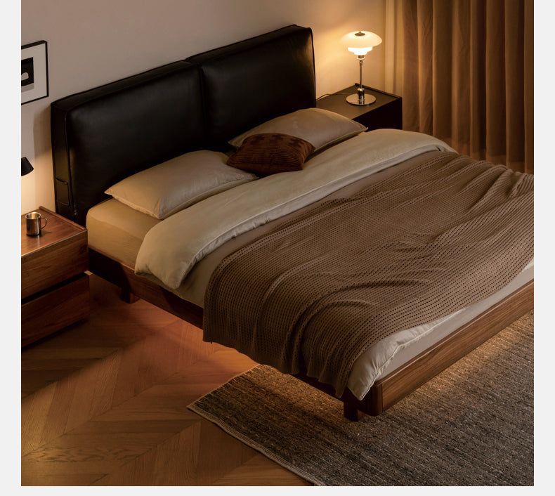 Teak, Black Walnut Solid Wood Genuine Leather Suspended Bed with Light