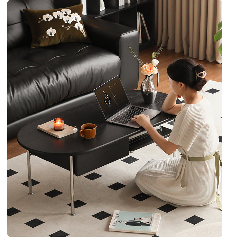 Oak Solid Wood Black Oval Coffee Table