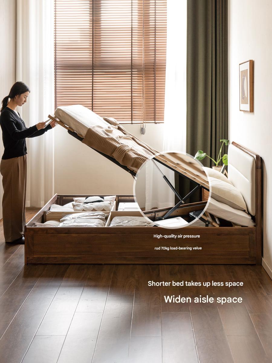 Black walnut solid wood storage box bed technology cloth soft back