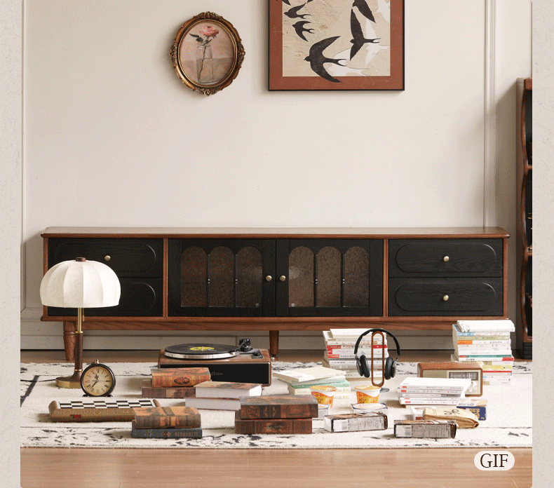 Black Walnut, Ash Solid Wood TV Cabinet with Integrated Storage, Vintage Style Floor Cabinet