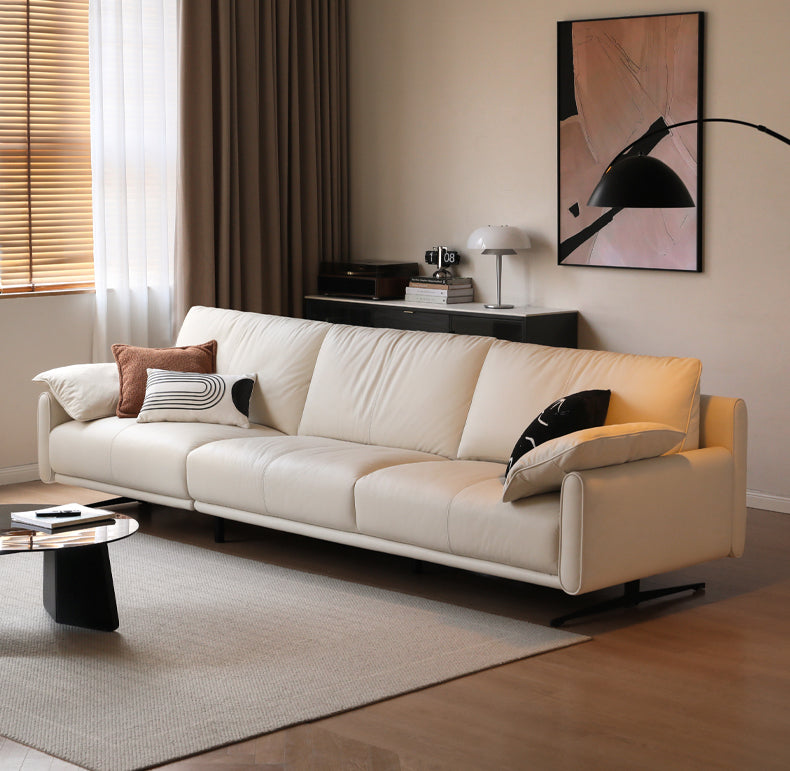 Leather Straight White Italian Sofa.