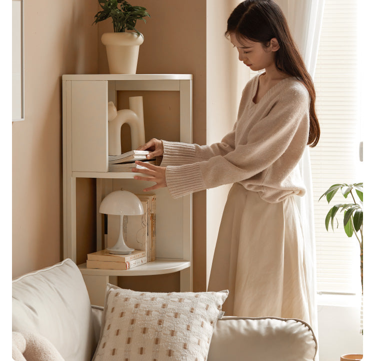 Poplar Solid Wood Corner Bookshelf, Floor-standing Storage Rack Cream Style