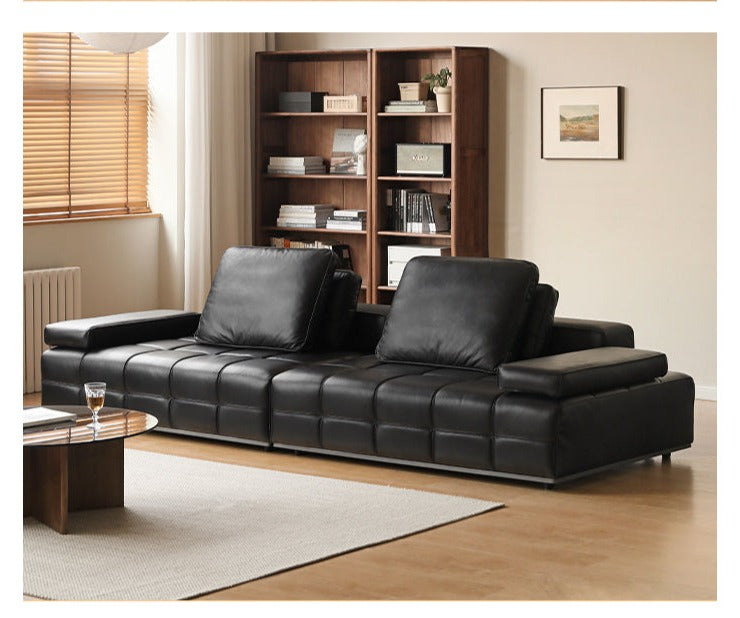 Leather Sofa Italian Black Straight Head Layer Yellow Cowhide.