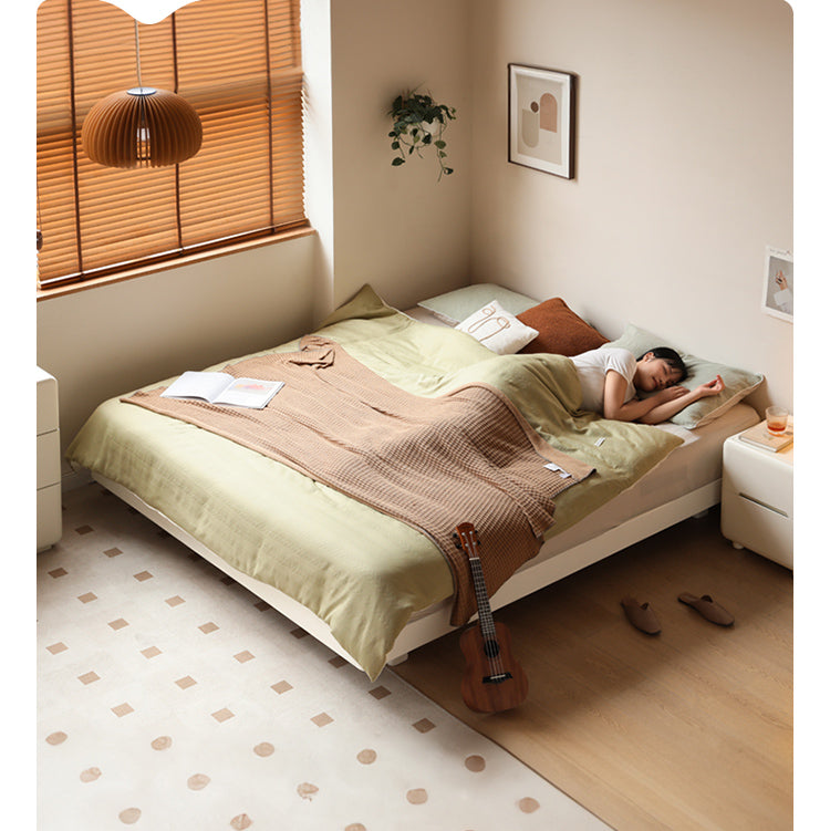 Rubberwood Solid Wood White Cream Platform Bed, Headboard-Free Bed
