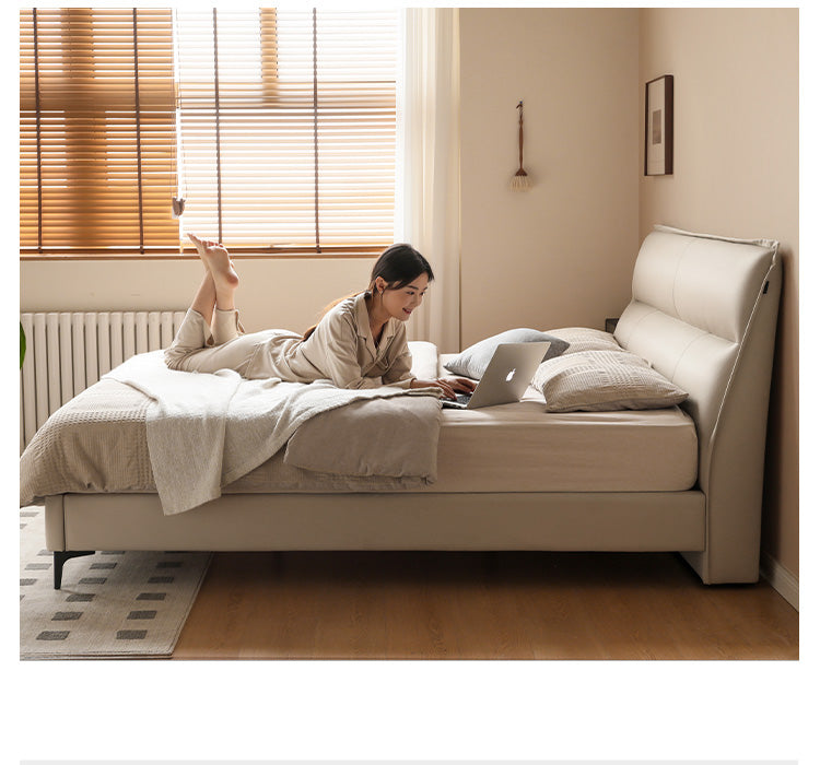 Genuine Leather Bed Cream First Layer Cowhide High Backrest Bed