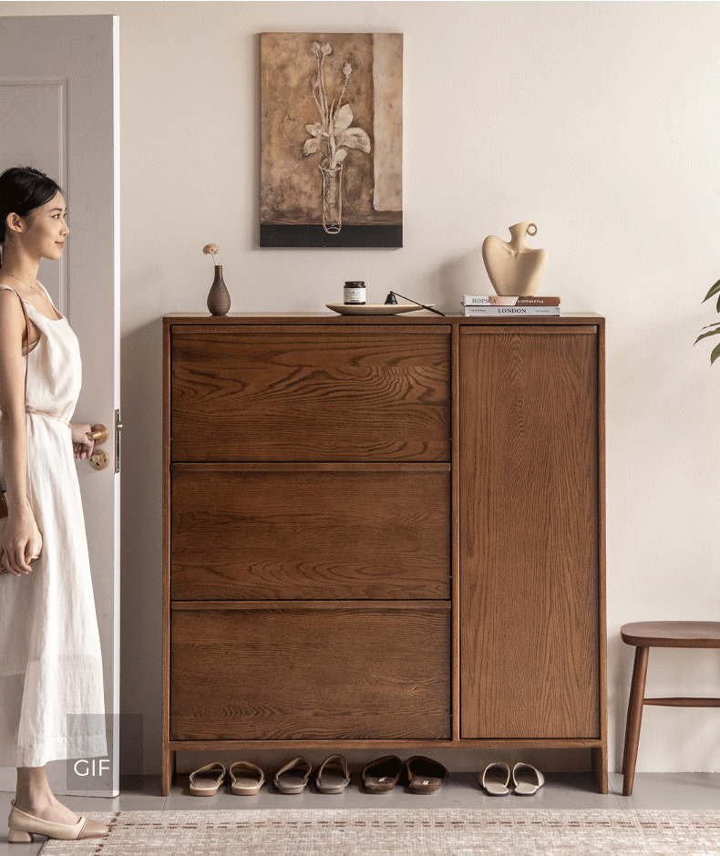 Oak Solid Wood Shoe Cabinet with Wabi-Sabi Style Storage Design