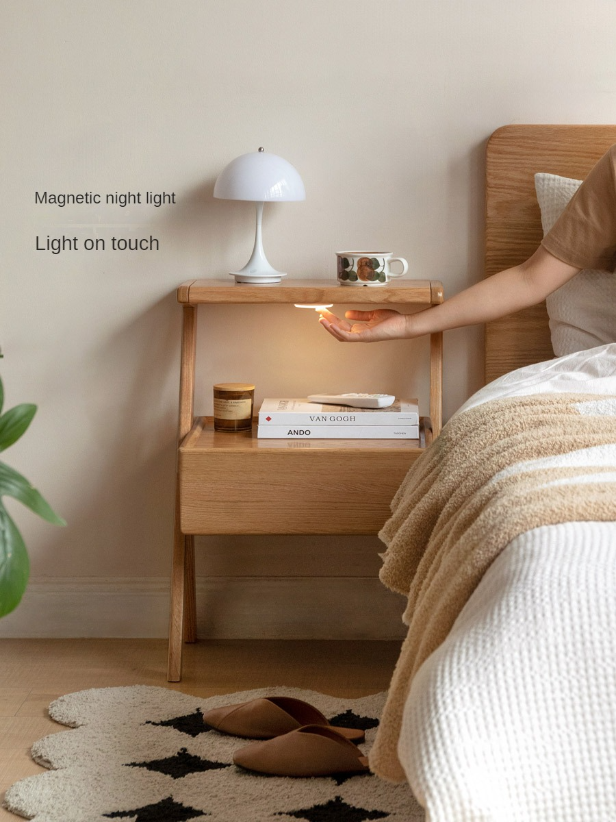 Oak Solid Wood Nightstand Rack Integrated Light.