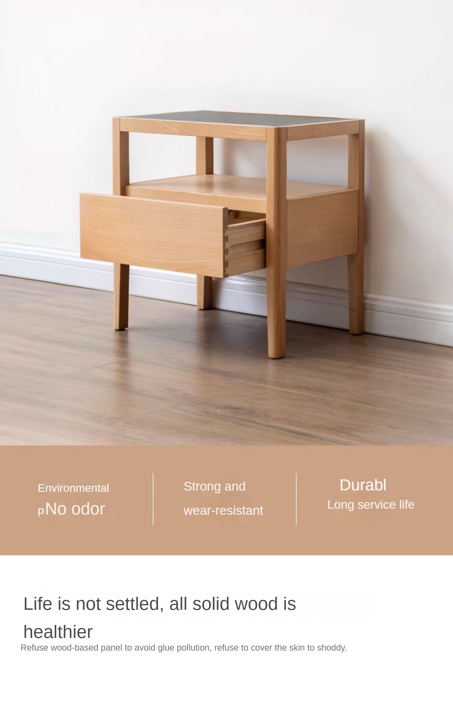 Beech Solid Wood Nightstand, Small Side Table.