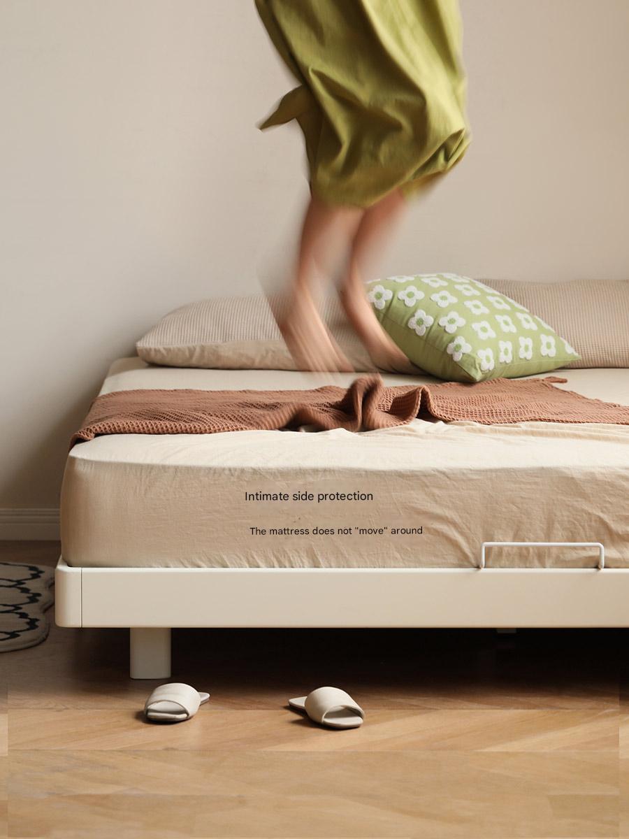 Rubberwood Solid Wood White Cream Platform Bed, Headboard-Free Bed