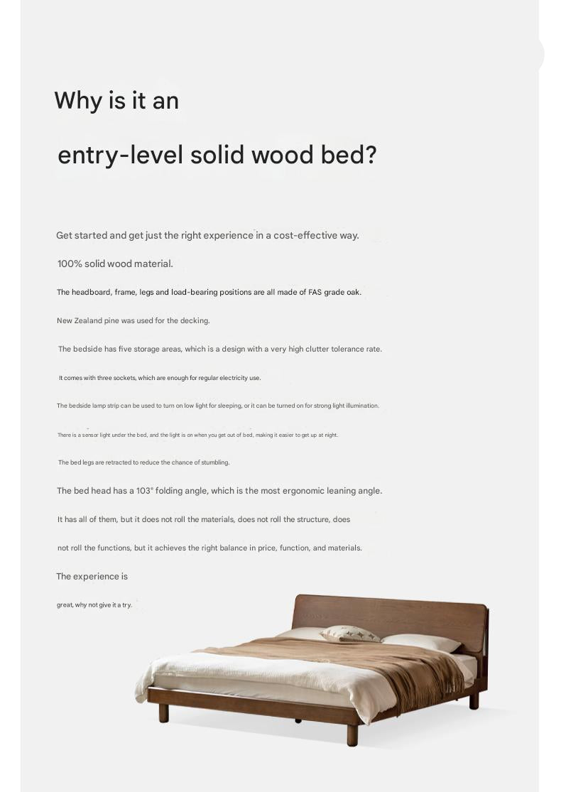 Oak solid wood bed with light, storage space