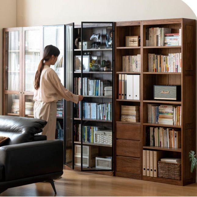 Solid Rubberwood, Oak Solid Wood Bookcase Modern With Glass Door