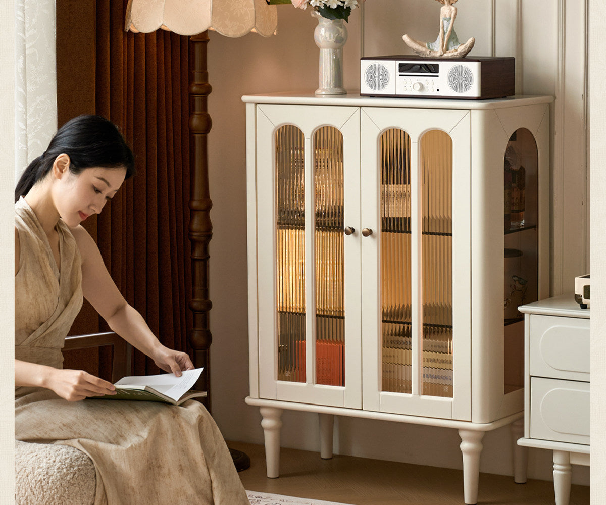 Solid RubberWood French Accent Cabinet with Round Arch Glass Doors and Turned Legs