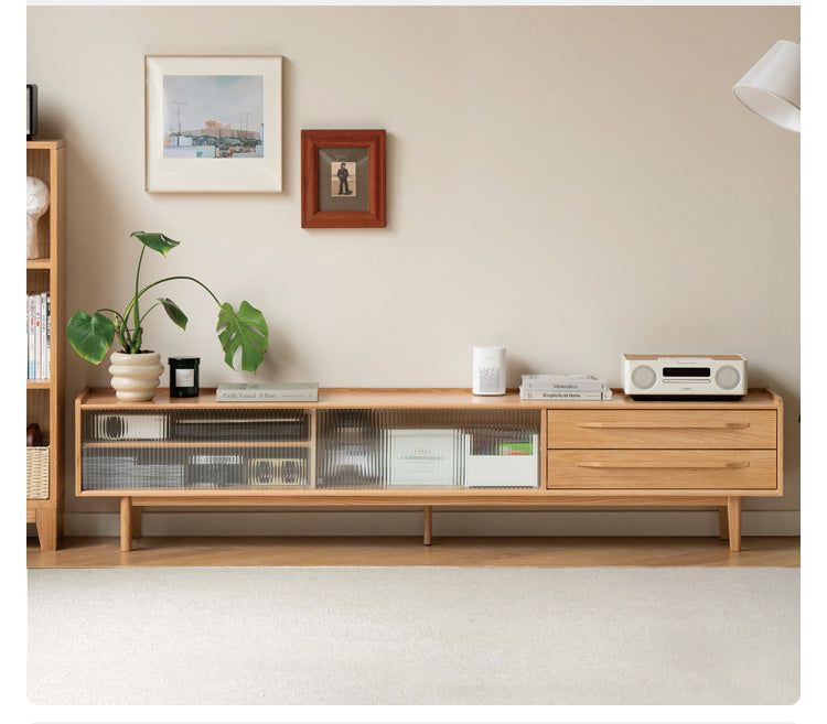 Oak Solid Wood TV Stand Sliding Door.