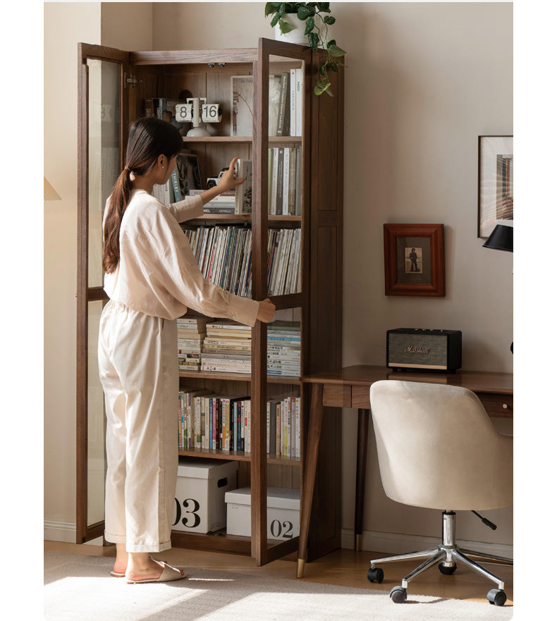 Solid Rubberwood, Oak Solid Wood Bookcase Modern With Glass Door