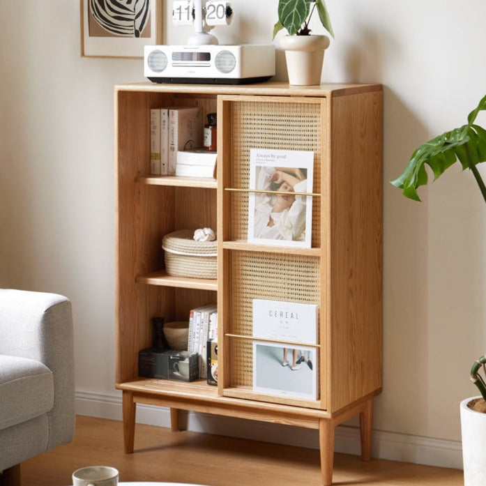 Oak Solid Wood Sliding Door Storage LED lights, Side Cabinet