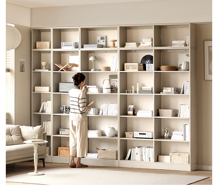 Oak Solid Wood Bookshelf Storage Rack Cream Style Full Wall Cabinet