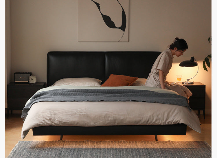 Genuine Leather Bed Italian Light Luxury Head Layer Cowhide