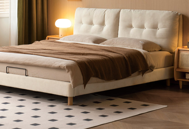 Fabric Soft Bed White Cream Style