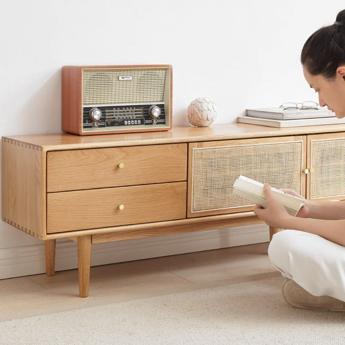 Rattan Oak solid wood TV cabinet"