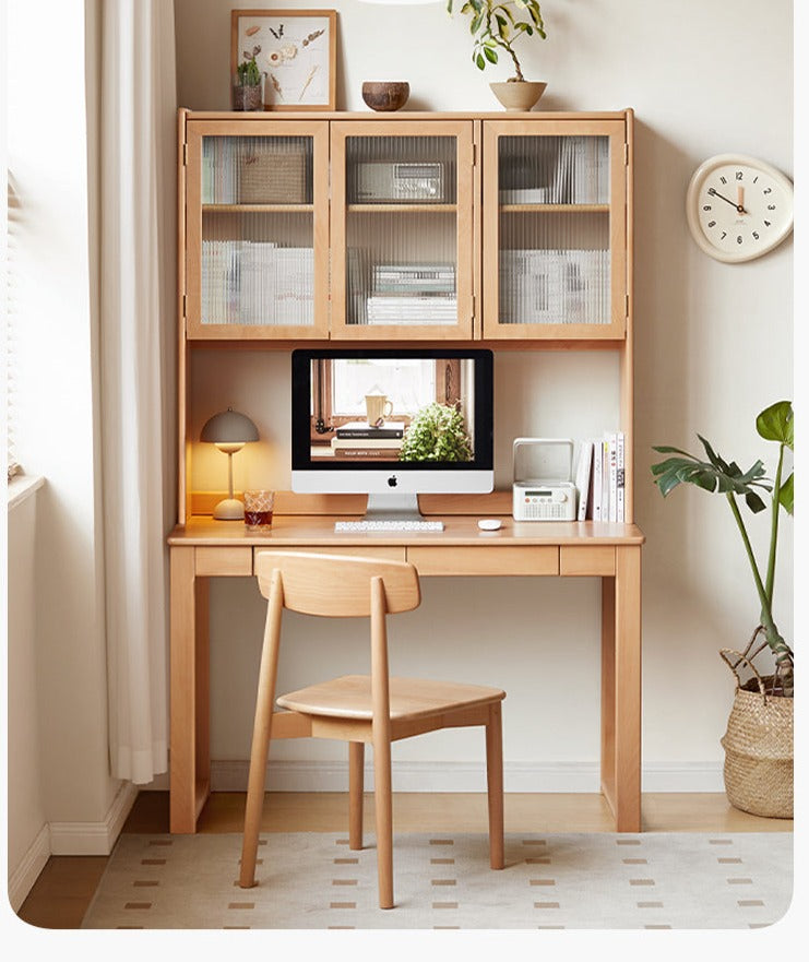 Beech European Solid Wood Bookshelf, Glass Door Storage Display Cabinet