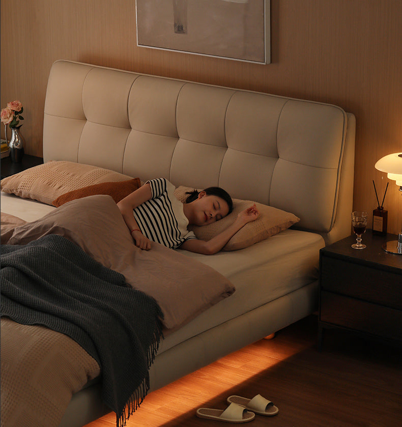 Fabric genuine leather soft bed puff cream style with light bed