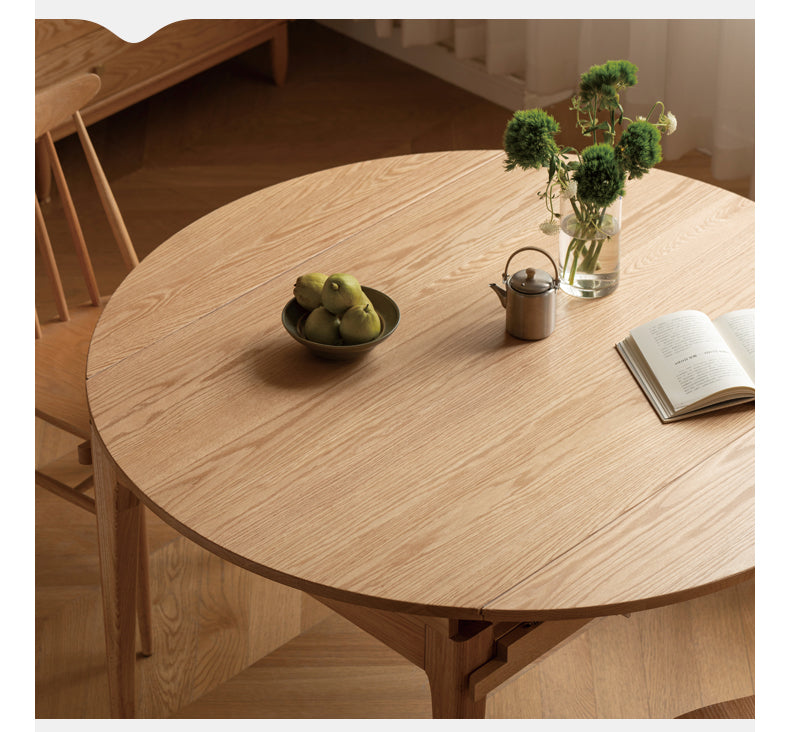 Solid Rubberwood, Oak Solid Wood Folding Round Retractable Dining Table